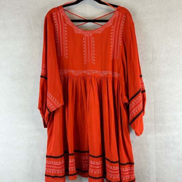 Hummingbird boho dress orange embroiled oversized size small ballon sleeve - Picture 2 of 7